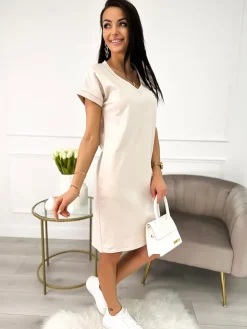 Beżowa Sukienka z Naszywką 9964-354-A|Modna Kiecka Sale