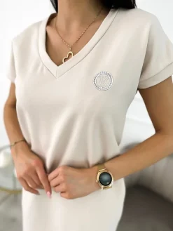 Beżowa Sukienka z Naszywką 9964-354-A|Modna Kiecka Sale
