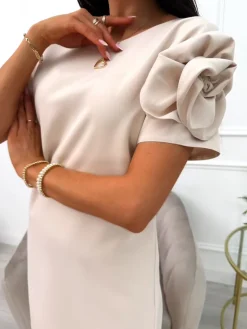 Beżowa Sukienka z Ozdobą na Rękawie 14061-407-A|Modna Kiecka Fashion