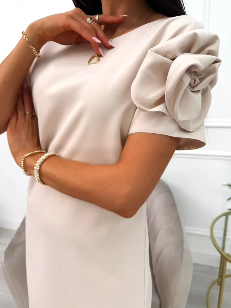 Beżowa Sukienka z Ozdobą na Rękawie 14061-407-A|Modna Kiecka Fashion
