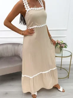 Beżowa Sukienka z Ozdobnymi Ramiączkami 14025-509-A|Modna Kiecka Hot