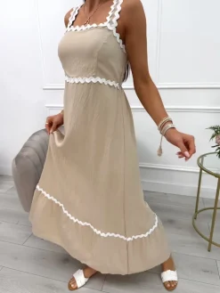 Beżowa Sukienka z Ozdobnymi Ramiączkami 14025-509-A|Modna Kiecka Hot