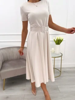 Beżowa Sukienka z Paskiem 13662-78-D|Modna Kiecka Outlet
