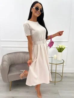 Beżowa Sukienka z Paskiem 13662-78-D|Modna Kiecka Outlet