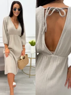 Beżowa Sukienka z Wiązaniem z Tyłu 13989-259-A|Modna Kiecka Hot