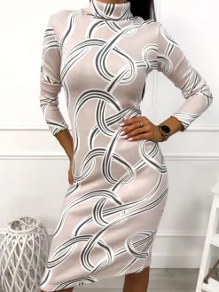 Beżowa Sweterkowa Sukienka ze Wzorem  12900-340-Q|Modna Kiecka Hot