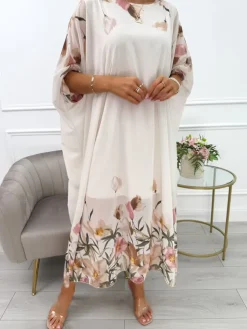 Beżowa Szyfonowa Sukienka Oversize w Kwiaty 14075-12-A|Modna Kiecka New