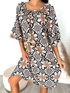 Beżowa Wzorzysta Sukienka Oversize  12320-252-Q|Modna Kiecka Discount