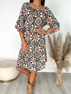 Beżowa Wzorzysta Sukienka Oversize  12320-252-Q|Modna Kiecka Discount