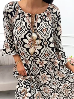 Beżowa Wzorzysta Sukienka Oversize 14028-409-Q|Modna Kiecka Fashion