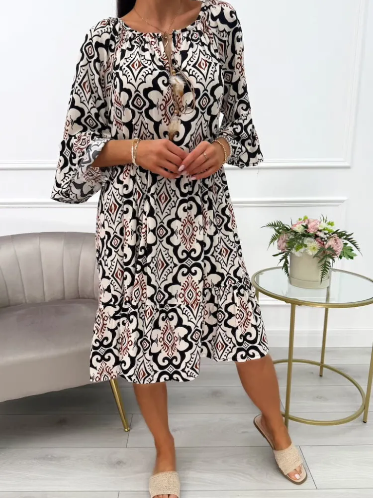 Beżowa Wzorzysta Sukienka Oversize 14028-409-Q|Modna Kiecka Fashion