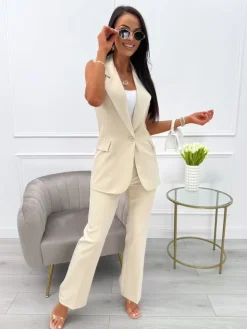 Beżowe Eleganckie Spodnie w Kant 13795-315-D|Modna Kiecka Fashion