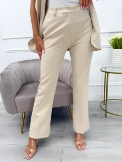 Beżowe Eleganckie Spodnie w Kant 13795-315-D|Modna Kiecka Fashion