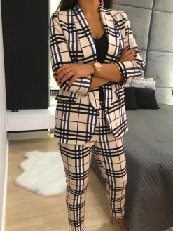 Beżowe Spodnie w Kratę 11495-275-A|Modna Kiecka Fashion
