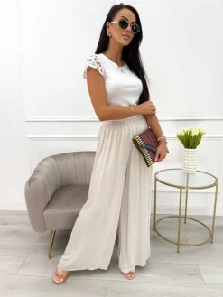 Beżowe Spodnie z Szeroką Nogawką 13990-309-A|Modna Kiecka Fashion