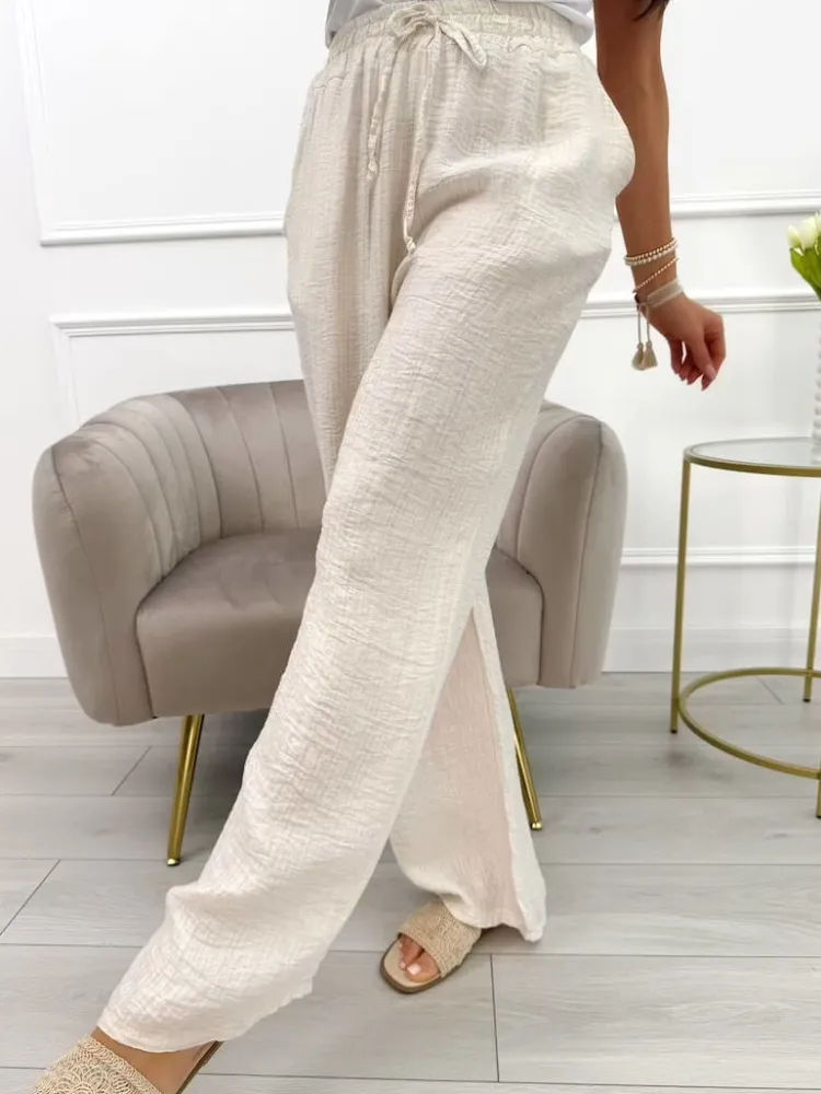 Beżowe Spodnie z Szeroką Nogawką i Kieszeniami 13995-229-A|Modna Kiecka Fashion