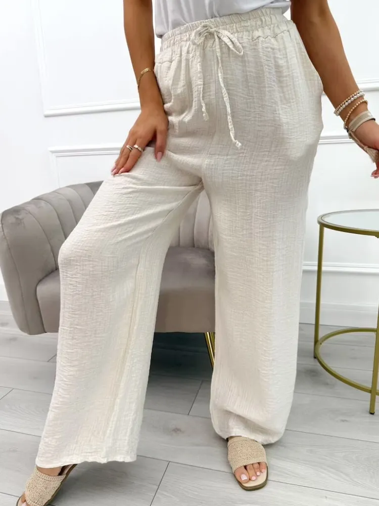 Beżowe Spodnie z Szeroką Nogawką i Kieszeniami 13995-229-A|Modna Kiecka Fashion