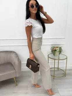 Beżowe Spodnie z Szeroką Nogawką 13607-170-A|Modna Kiecka Fashion