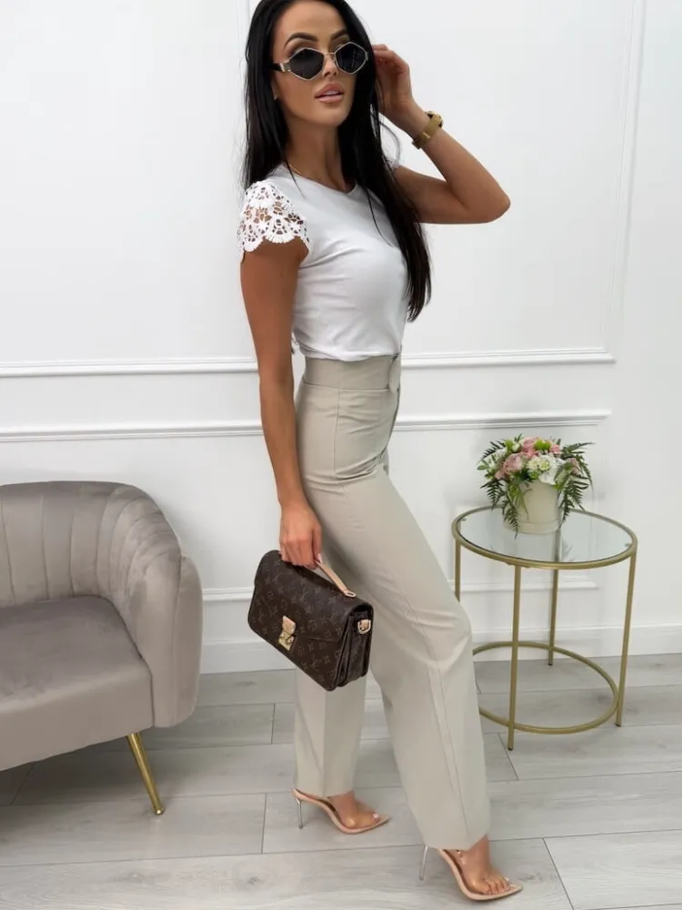 Beżowe Spodnie z Szeroką Nogawką 13607-170-A|Modna Kiecka Fashion