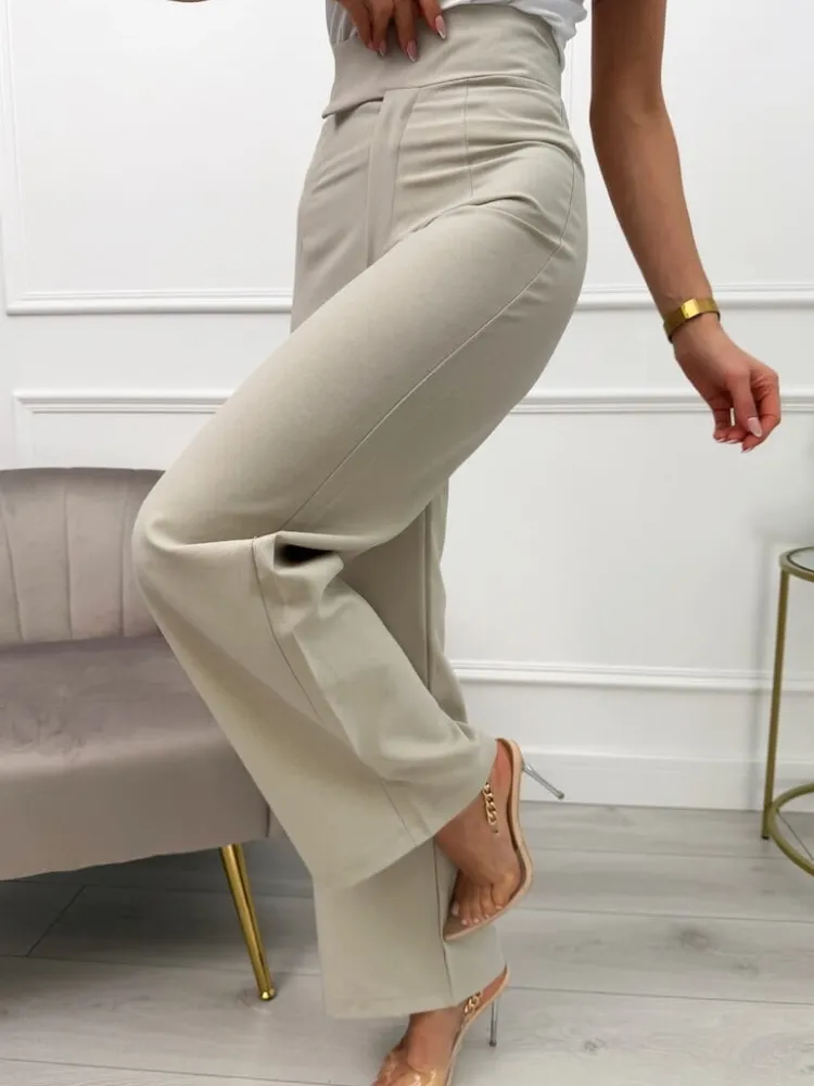Beżowe Spodnie z Szeroką Nogawką 13607-170-A|Modna Kiecka Fashion