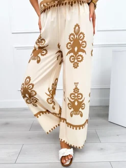 Beżowe Szerokie Spodnie w Brązowy Wzór 12454-323-A|Modna Kiecka Outlet