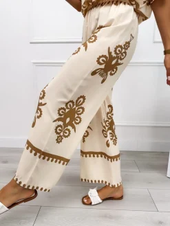 Beżowe Szerokie Spodnie w Brązowy Wzór 12454-323-A|Modna Kiecka Outlet