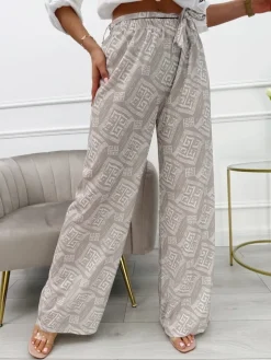 Beżowe Wzorzyste Spodnie z Paseczkiem 13865-411-A|Modna Kiecka Hot