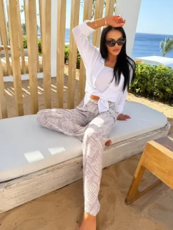 Beżowe Wzorzyste Spodnie z Paseczkiem 13865-411-A|Modna Kiecka Hot