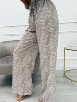 Beżowe Wzorzyste Spodnie z Paseczkiem 13865-411-A|Modna Kiecka Hot