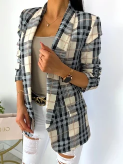 Beżowo-Błękitna Marynarka w Kratę 11489-322-Q|Modna Kiecka Hot