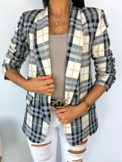 Beżowo-Błękitna Marynarka w Kratę 11489-322-Q|Modna Kiecka Hot