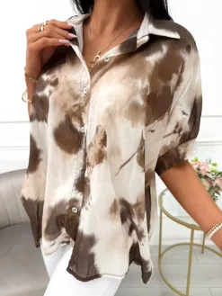Beżowo-Brązowa Koszula z Krótkim Rękawem Oversize 14049-526-Q|Modna Kiecka Clearance