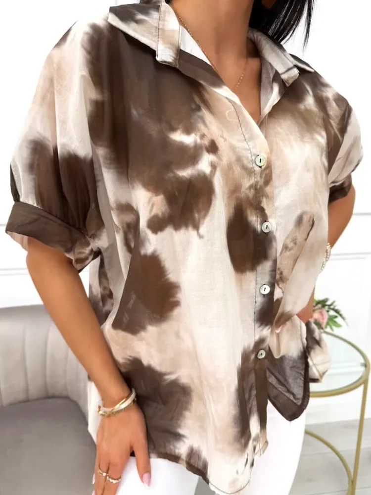 Beżowo-Brązowa Koszula z Krótkim Rękawem Oversize 14049-526-Q|Modna Kiecka Clearance