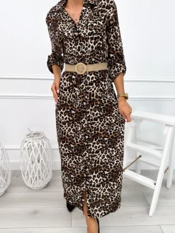 Beżowo-Brązowa Sukienka w Panterkę z Paskiem 12661-134-A|Modna Kiecka Fashion