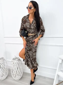 Beżowo-Brązowa Sukienka w Panterkę z Paskiem 12661-134-A|Modna Kiecka Fashion