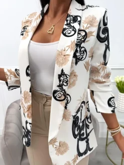 Beżowo-Czarna Marynarka ze Wzorem 13964-340-A|Modna Kiecka Discount