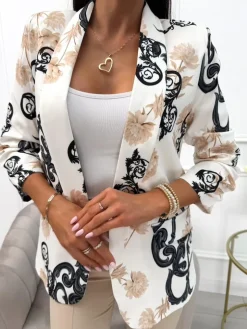 Beżowo-Czarna Marynarka ze Wzorem 13964-340-A|Modna Kiecka Discount