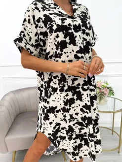 Beżowo-Czarna Sukienka Oversize z Kołnierzykiem 14073-326-B|Modna Kiecka New