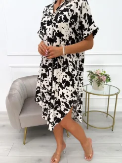 Beżowo-Czarna Sukienka Oversize z Kołnierzykiem 14073-326-B|Modna Kiecka New