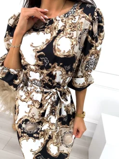 Beżowo-Czarna Sukienka z Paskiem 10553-428-A|Modna Kiecka Fashion