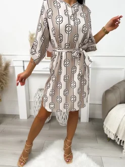 Beżowo-Czarna Sukienka ze Wzorem 11643-103-B|Modna Kiecka Fashion