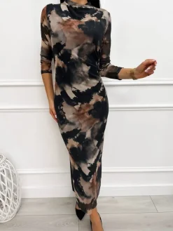 Beżowo-Czarna Wzorzysta Sukienka 13314-328-Q|Modna Kiecka Fashion