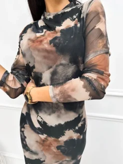 Beżowo-Czarna Wzorzysta Sukienka  13314-328-Q|Modna Kiecka Fashion