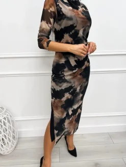 Beżowo-Czarna Wzorzysta Sukienka  13314-328-Q|Modna Kiecka Fashion