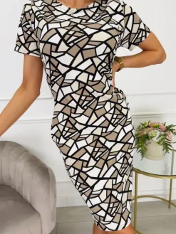 Beżowo-Czarna Wzorzysta Sukienka 13512-23-Q|Modna Kiecka Fashion