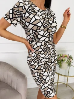 Beżowo-Czarna Wzorzysta Sukienka 13512-23-Q|Modna Kiecka Fashion