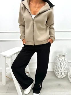 Beżowo-Czarny Dresowy Komplet 13452-160-B|Modna Kiecka Fashion