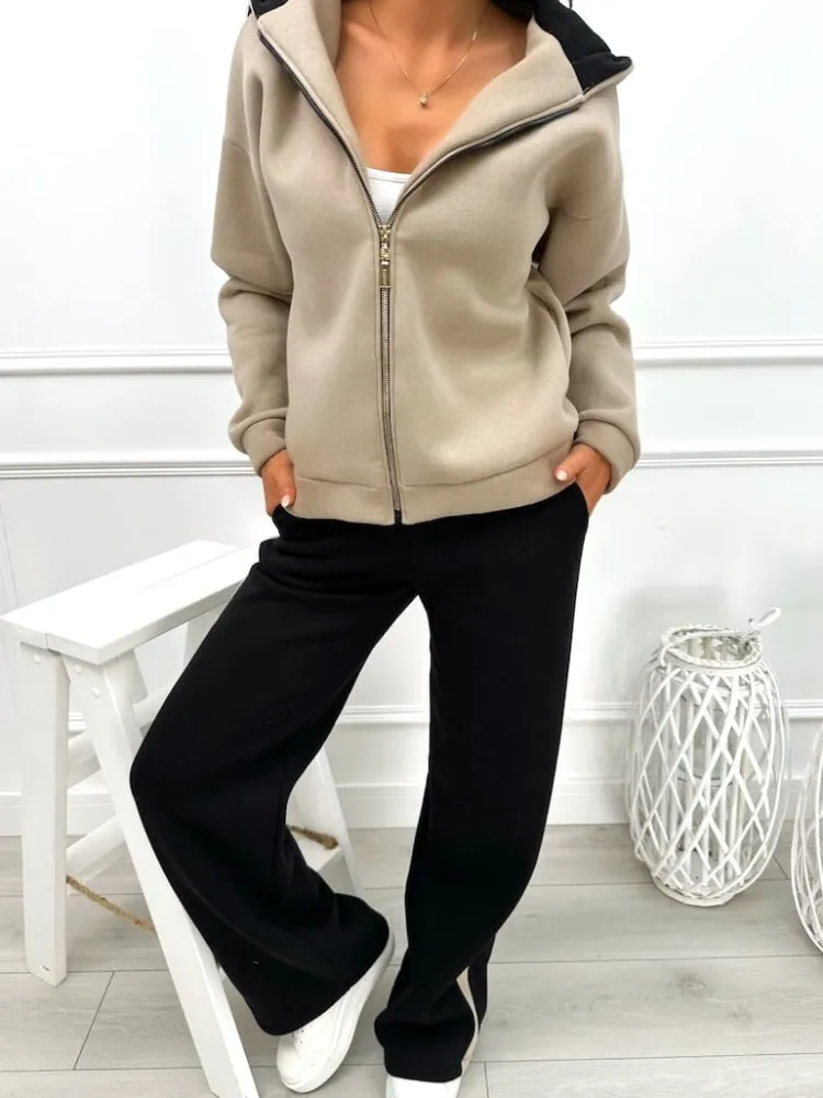 Beżowo-Czarny Dresowy Komplet 13452-160-B|Modna Kiecka Fashion