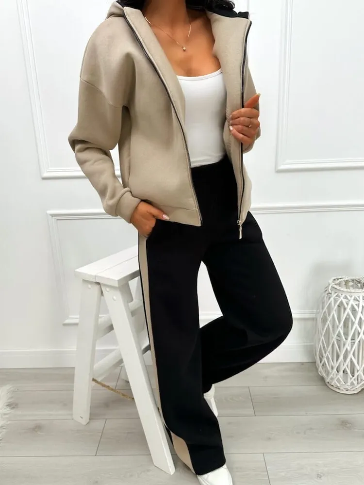 Beżowo-Czarny Dresowy Komplet 13452-160-B|Modna Kiecka Fashion