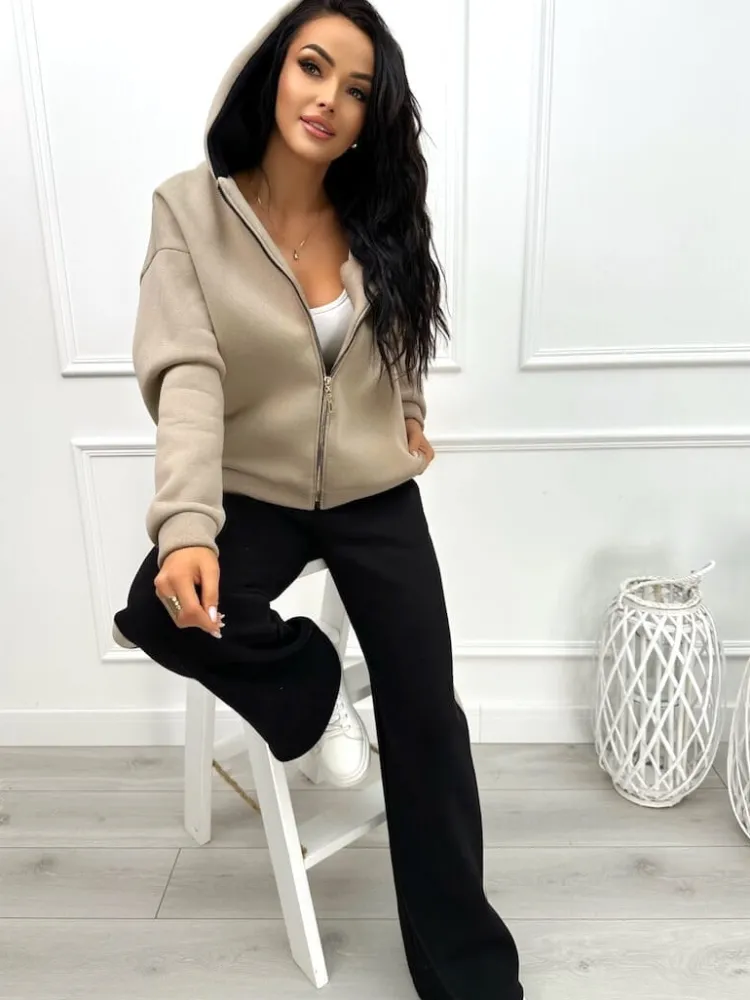 Beżowo-Czarny Dresowy Komplet 13452-160-B|Modna Kiecka Fashion